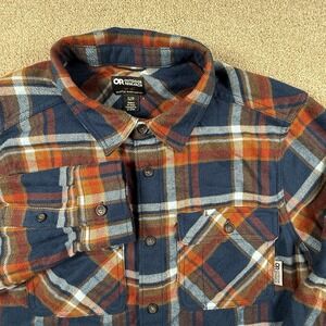 Outdoor Research Shirt Mens Small Blue Orange Plaid Feedback Flannel Long Sleeve